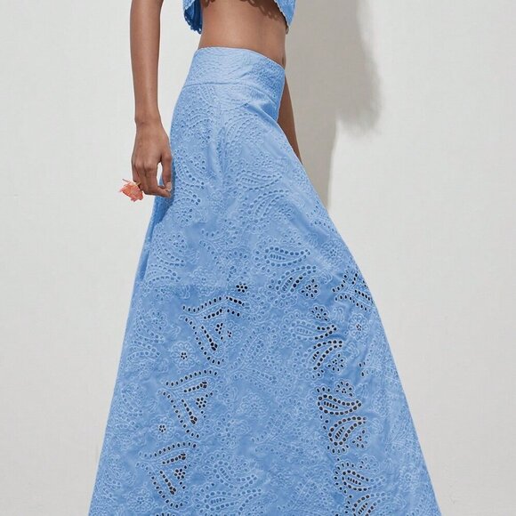 Blue Elegant Women's Floral Hollow Out Full Embroidery A-Line Maxi Skirt - Picture 11 of 11